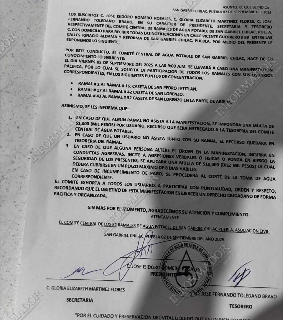 ¡MULTA DE 10 MIL O LES CORTAN EL AGUA! COMITÉ DE CHILAC OBLIGA A LOS POBLADORES A PROTESTAR