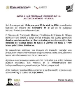Anuncian trabajos de mejora en la autopista México–Puebla; habrá desvíos parciales