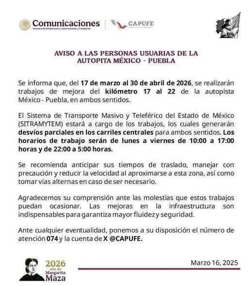Anuncian trabajos de mejora en la autopista México–Puebla; habrá desvíos parciales