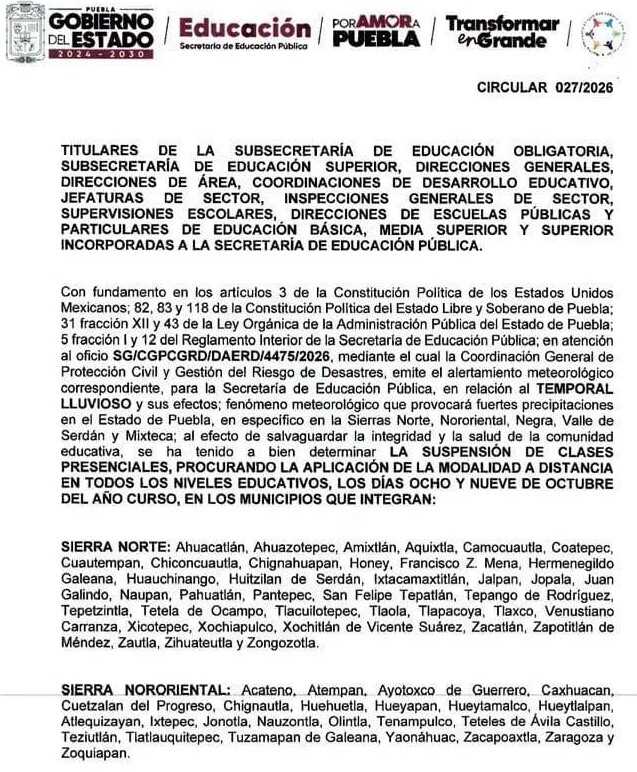 TEHUACÁN, SIN CLASES PRESENCIALES