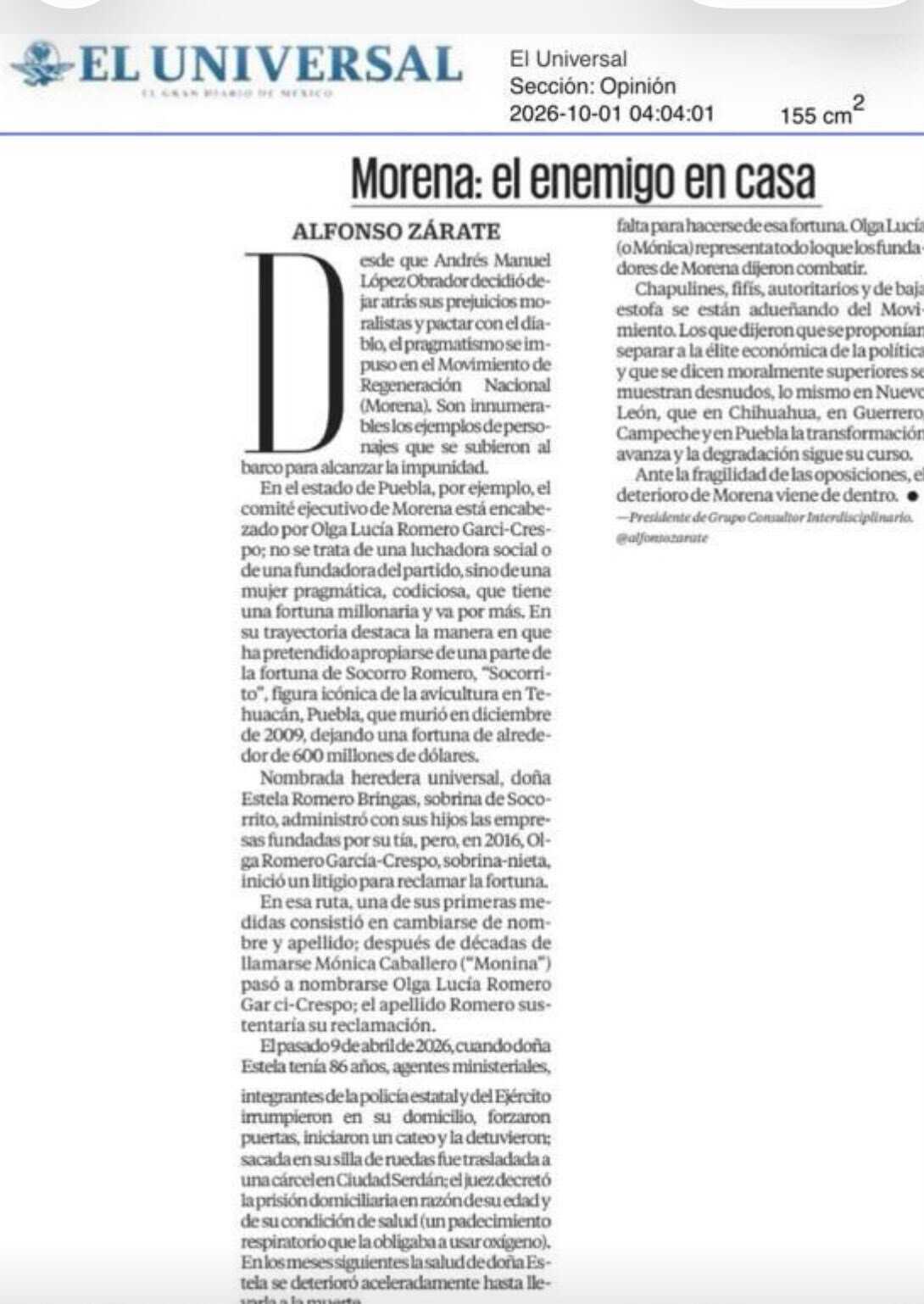 EL UNIVERSAL SEÑALA DISPUTA DE OLGA ROMERO POR HERENCIA DE SOCORRO ROMERO